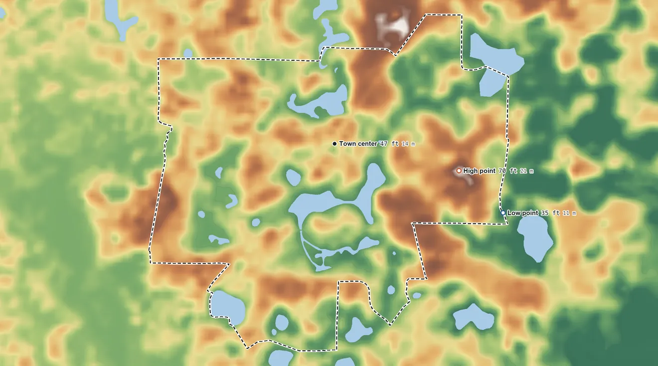 Topographic elevation map of Pine Lakes, Florida, shaded from 35 ft on the east side to 70 ft on the east side