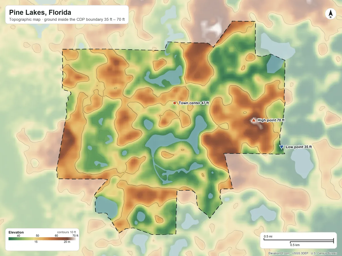 Topographic elevation map of Pine Lakes, Florida, shaded from 35 ft on the east side to 70 ft on the east side