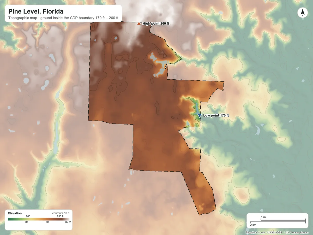 Topographic elevation map of Pine Level, Florida, shaded from 170 ft on the east side to 260 ft on the north side