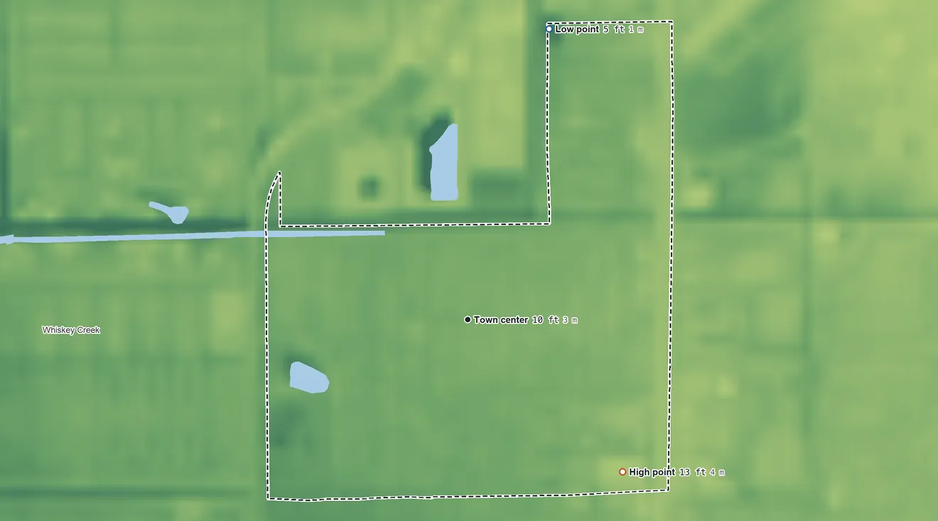 Topographic elevation map of Pine Manor, Florida, shaded from 5 ft on the north side to 13 ft on the southeast side