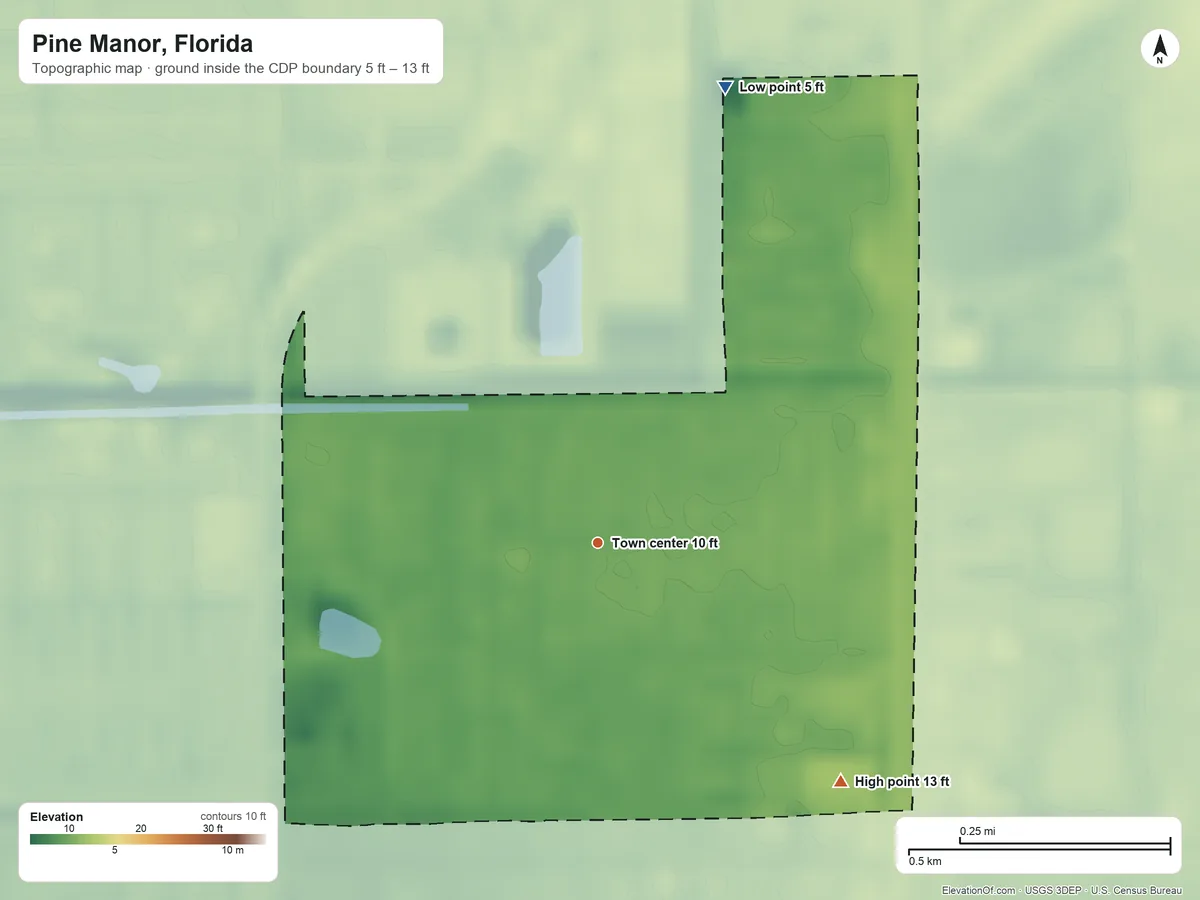 Topographic elevation map of Pine Manor, Florida, shaded from 5 ft on the north side to 13 ft on the southeast side
