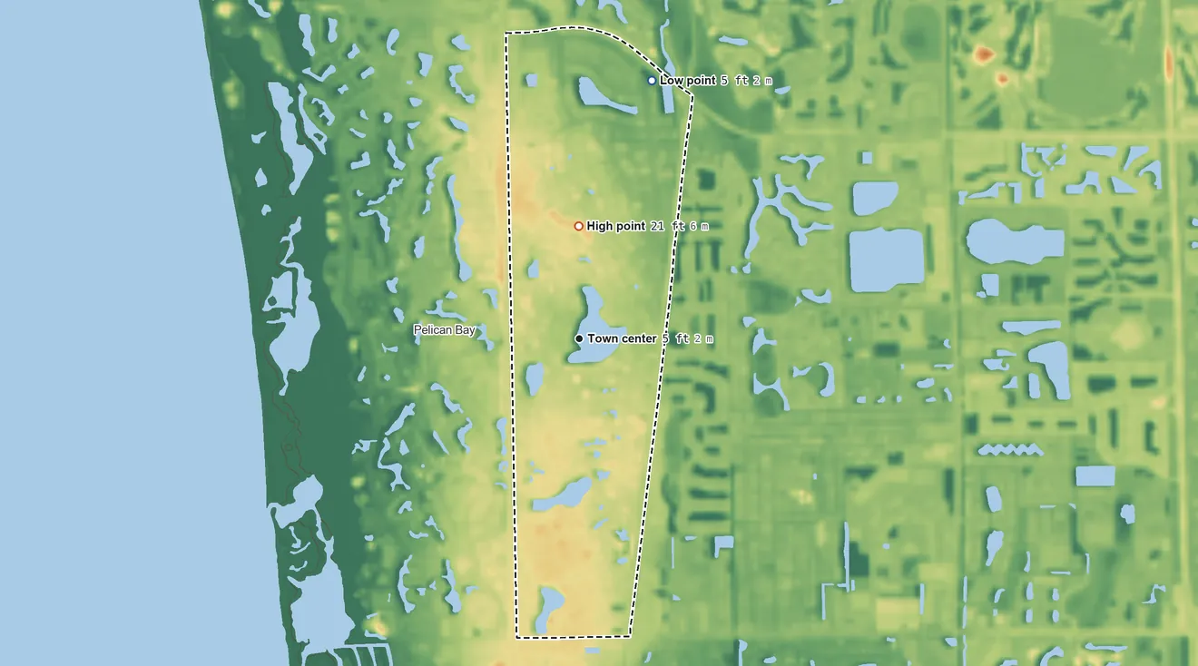 Topographic elevation map of Pine Ridge, Collier County, Florida, shaded from 5 ft on the north side to 21 ft on the north side