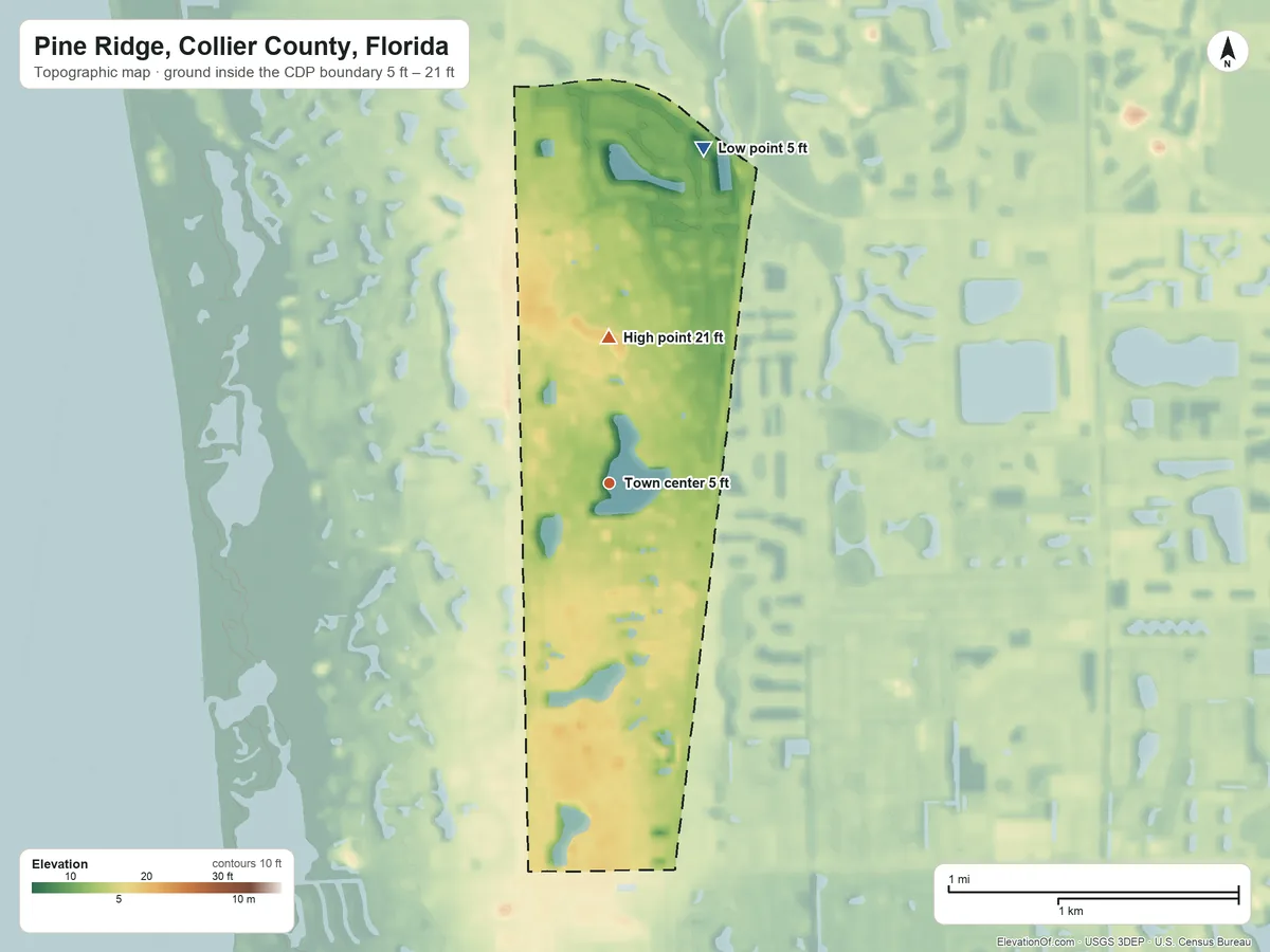 Topographic elevation map of Pine Ridge, Collier County, Florida, shaded from 5 ft on the north side to 21 ft on the north side