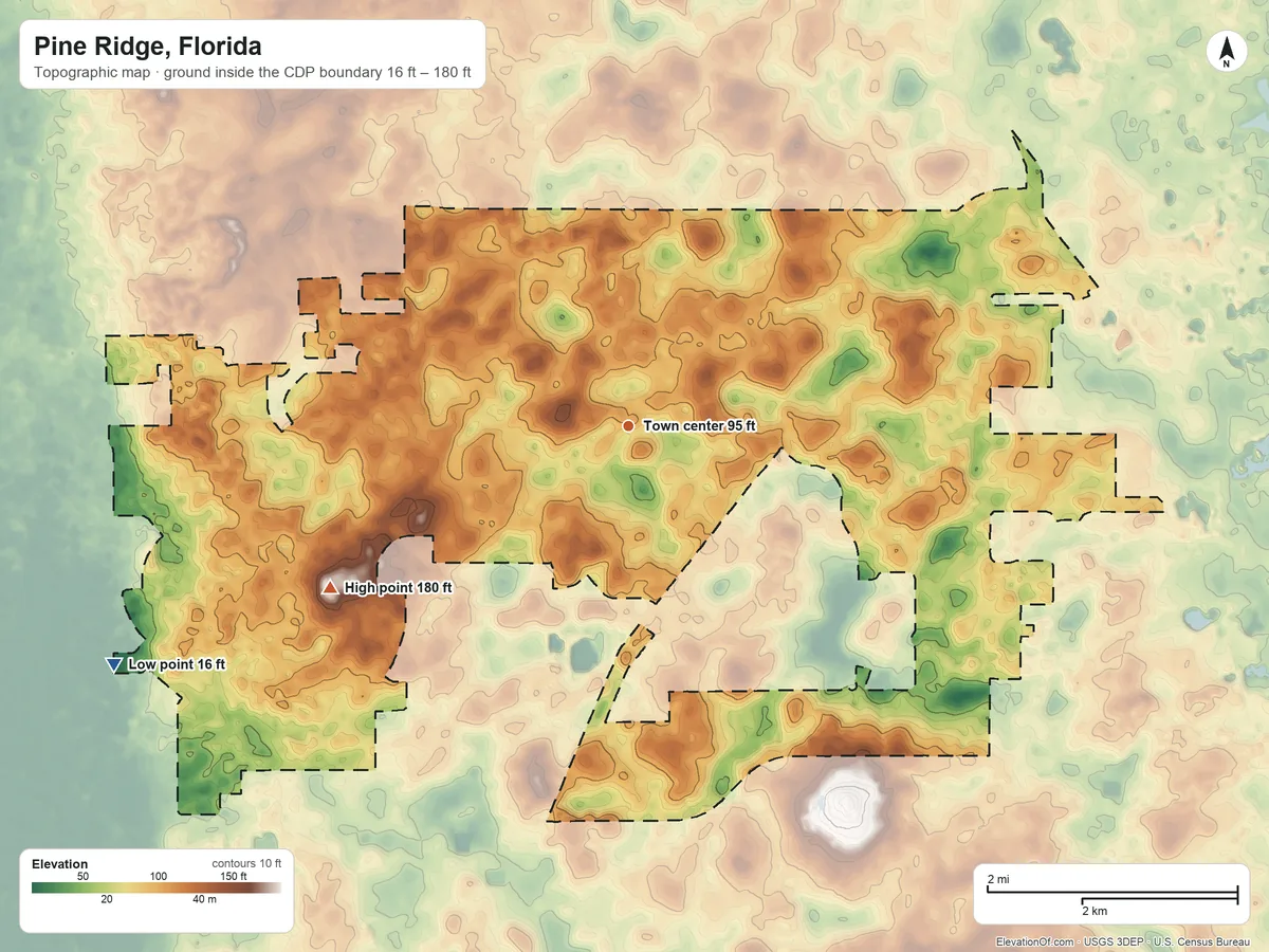 Topographic elevation map of Pine Ridge, Florida, shaded from 16 ft on the southwest side to 180 ft on the southwest side