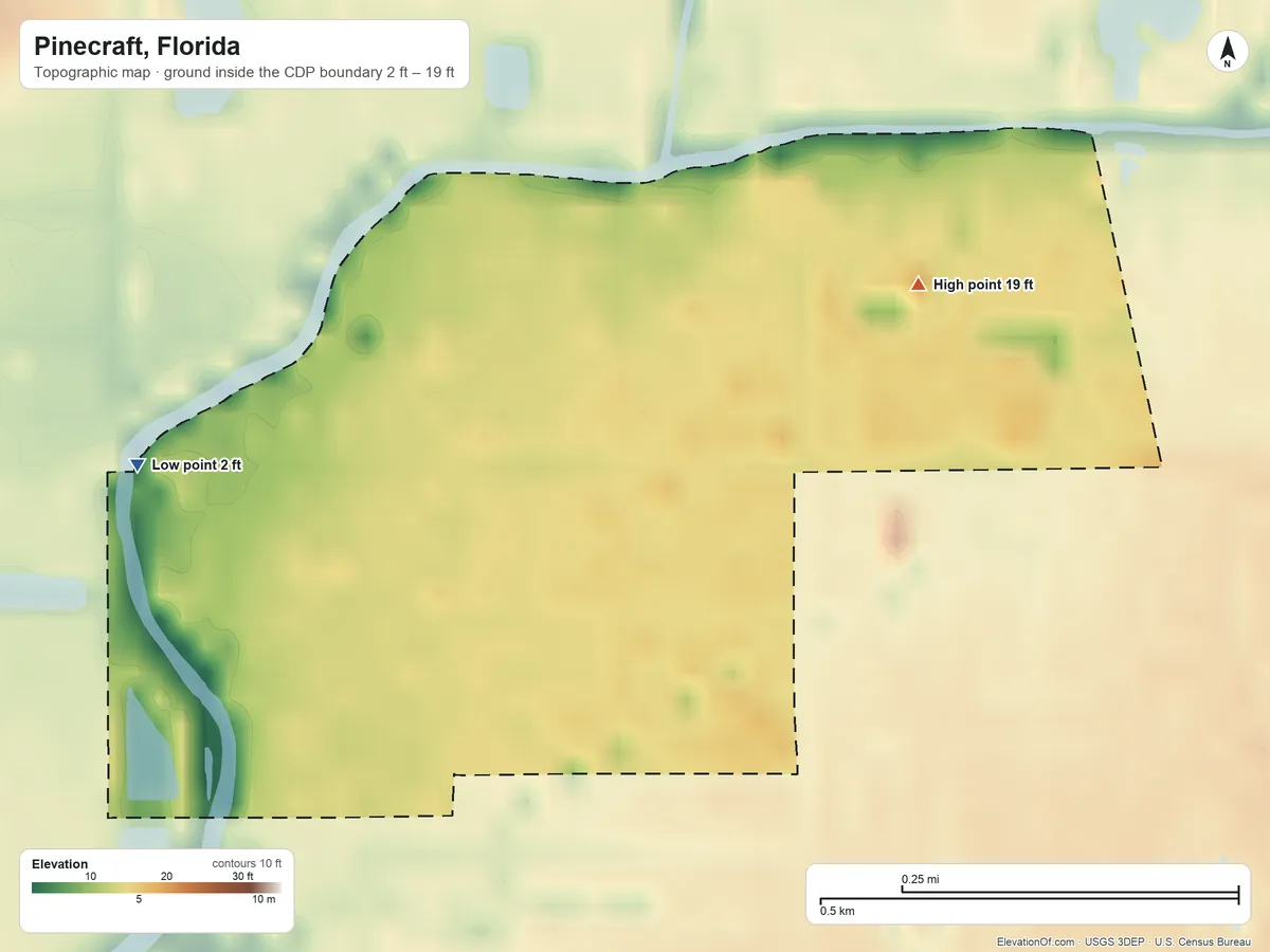 Topographic elevation map of Pinecraft, Florida, shaded from 2 ft on the west side to 19 ft on the northeast side