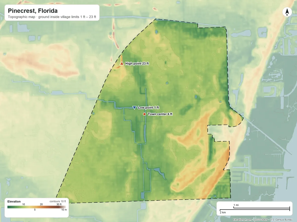 Topographic elevation map of Pinecrest, Florida, shaded from 1 ft near the middle to 23 ft on the northwest side