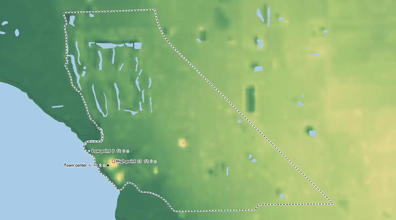 Topographic elevation map of Pineland, Florida, shaded from sea level level on Charlotte Harbor to 19 ft near the middle