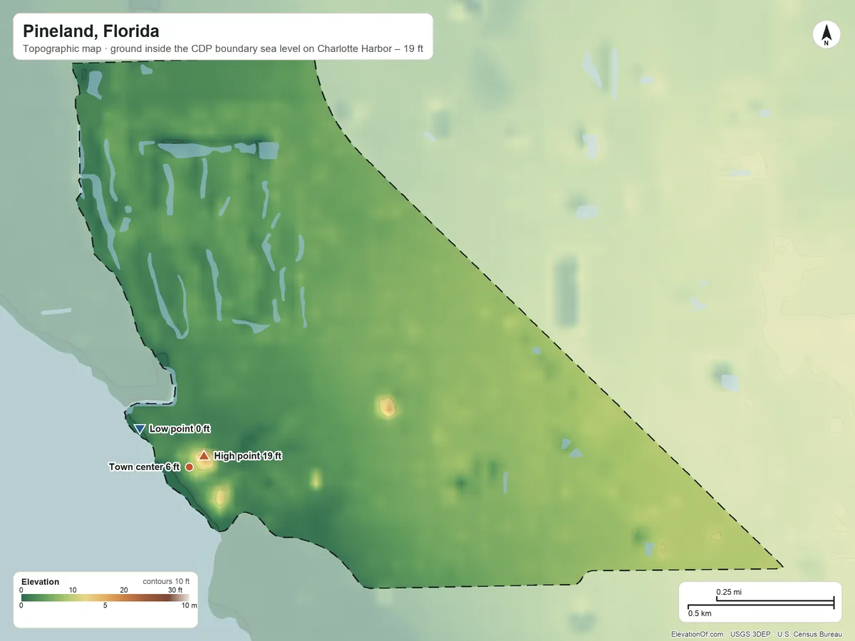 Topographic elevation map of Pineland, Florida, shaded from sea level level on Charlotte Harbor to 19 ft near the middle