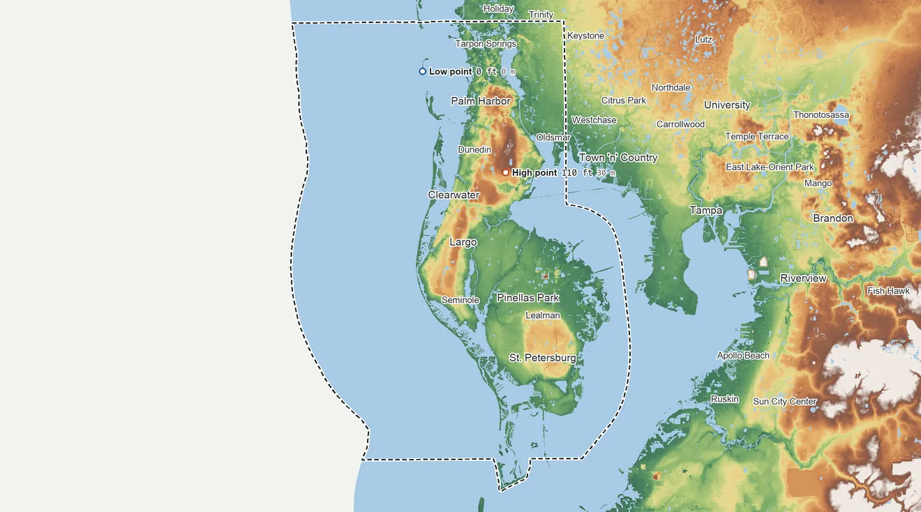 Topographic elevation map of Pinellas County, Florida, shaded from sea level on the Gulf of America to 110 ft on the northeast side