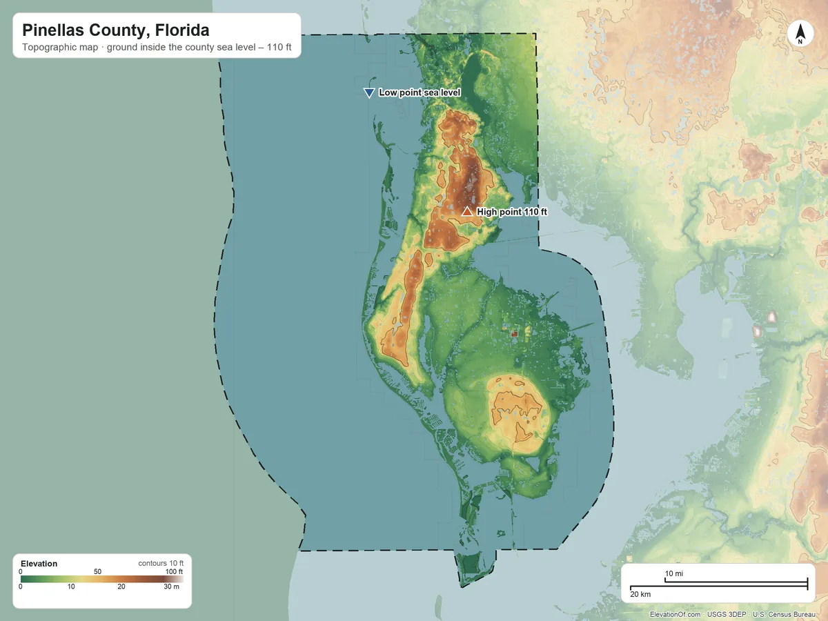 Topographic elevation map of Pinellas County, Florida, shaded from sea level on the Gulf of America to 110 ft on the northeast side