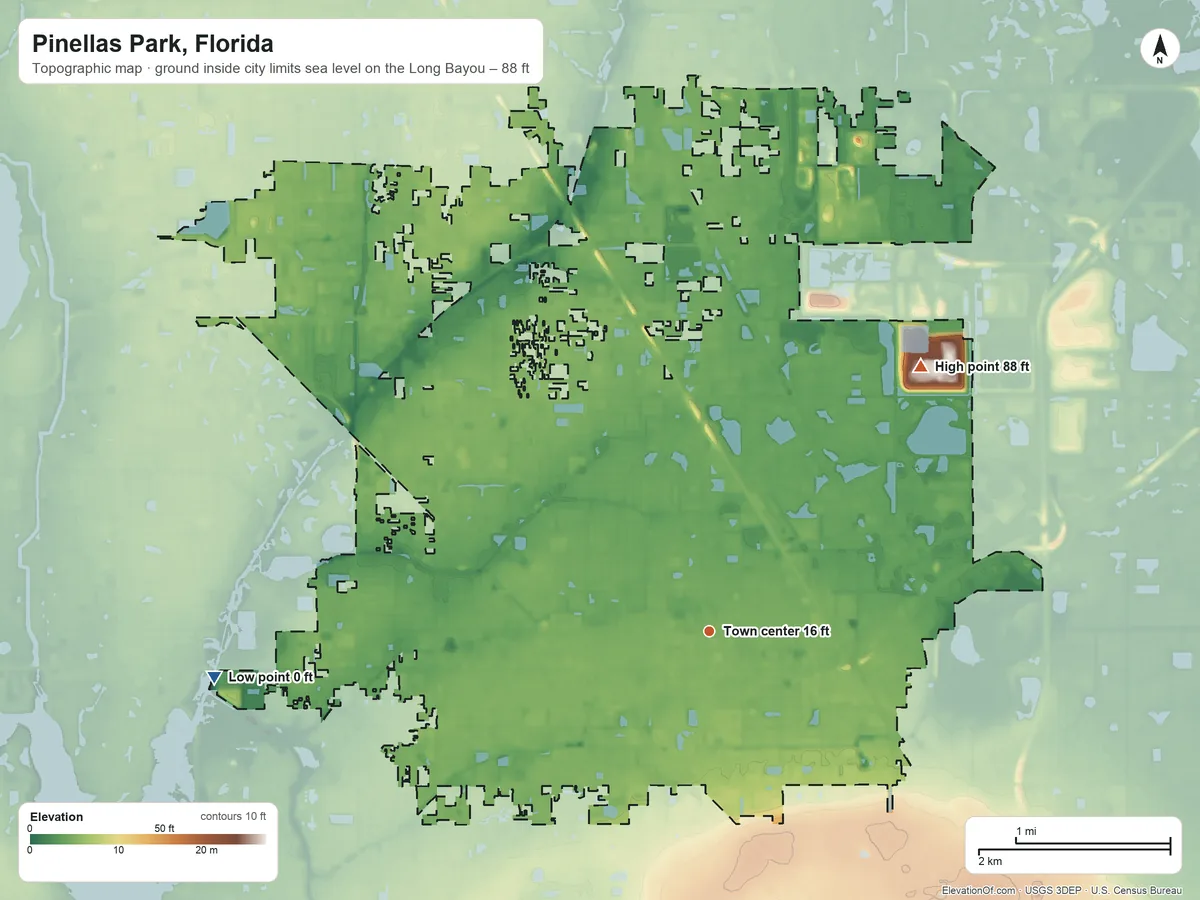 Topographic elevation map of Pinellas Park, Florida, shaded from sea level level on the Long Bayou to 88 ft on the northeast side
