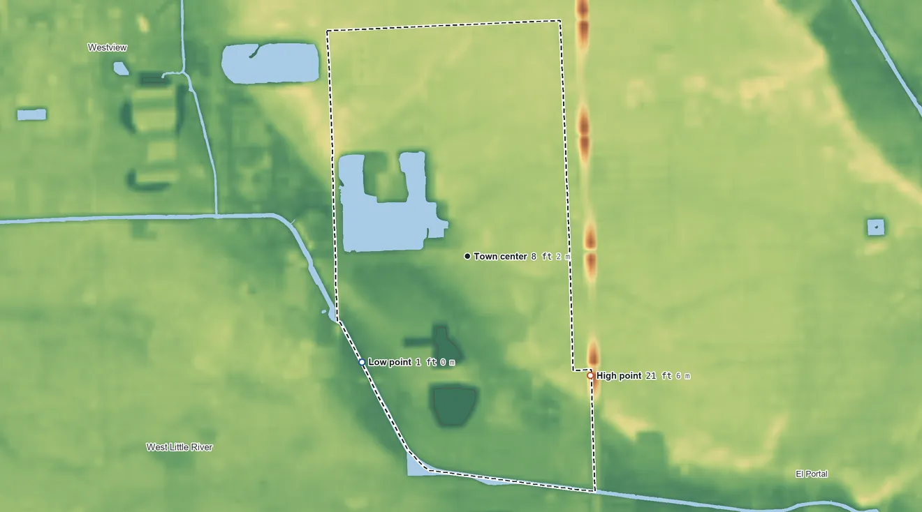 Topographic elevation map of Pinewood, Florida, shaded from 1 ft on the southwest side to 21 ft on the southeast side