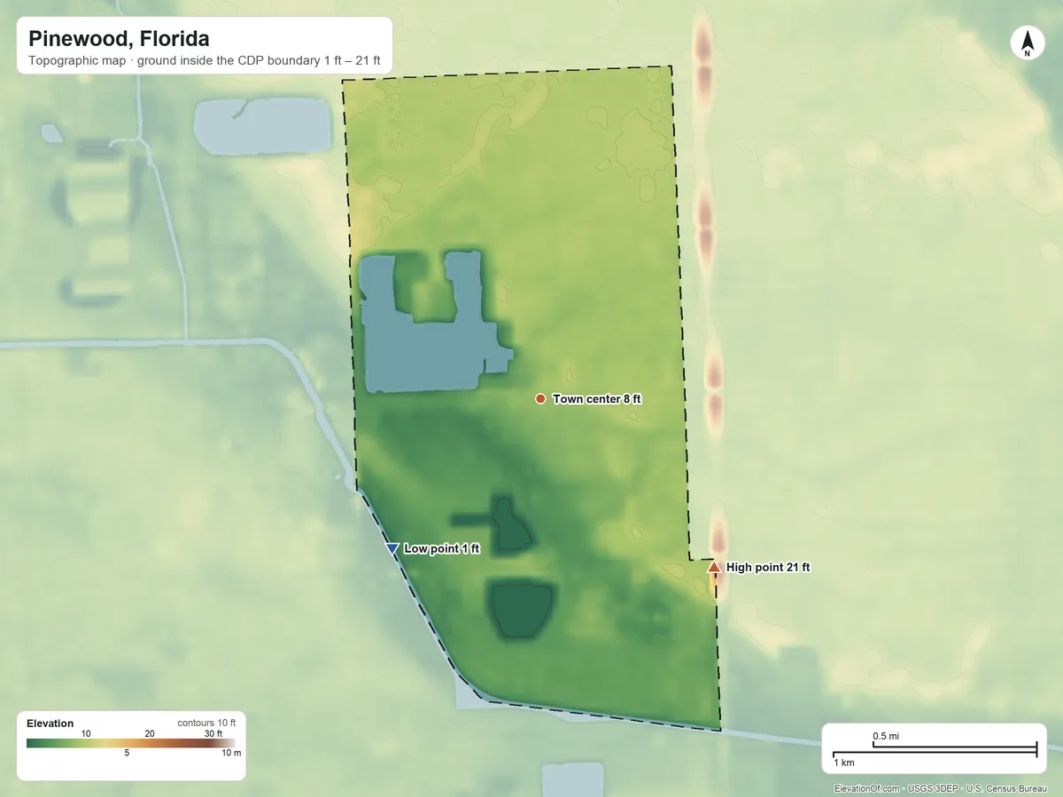 Topographic elevation map of Pinewood, Florida, shaded from 1 ft on the southwest side to 21 ft on the southeast side