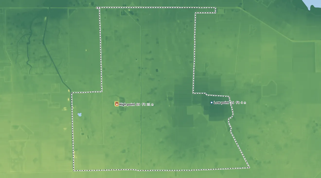 Topographic elevation map of Pioneer, Florida, shaded from 14 ft on the east side to 69 ft on the west side