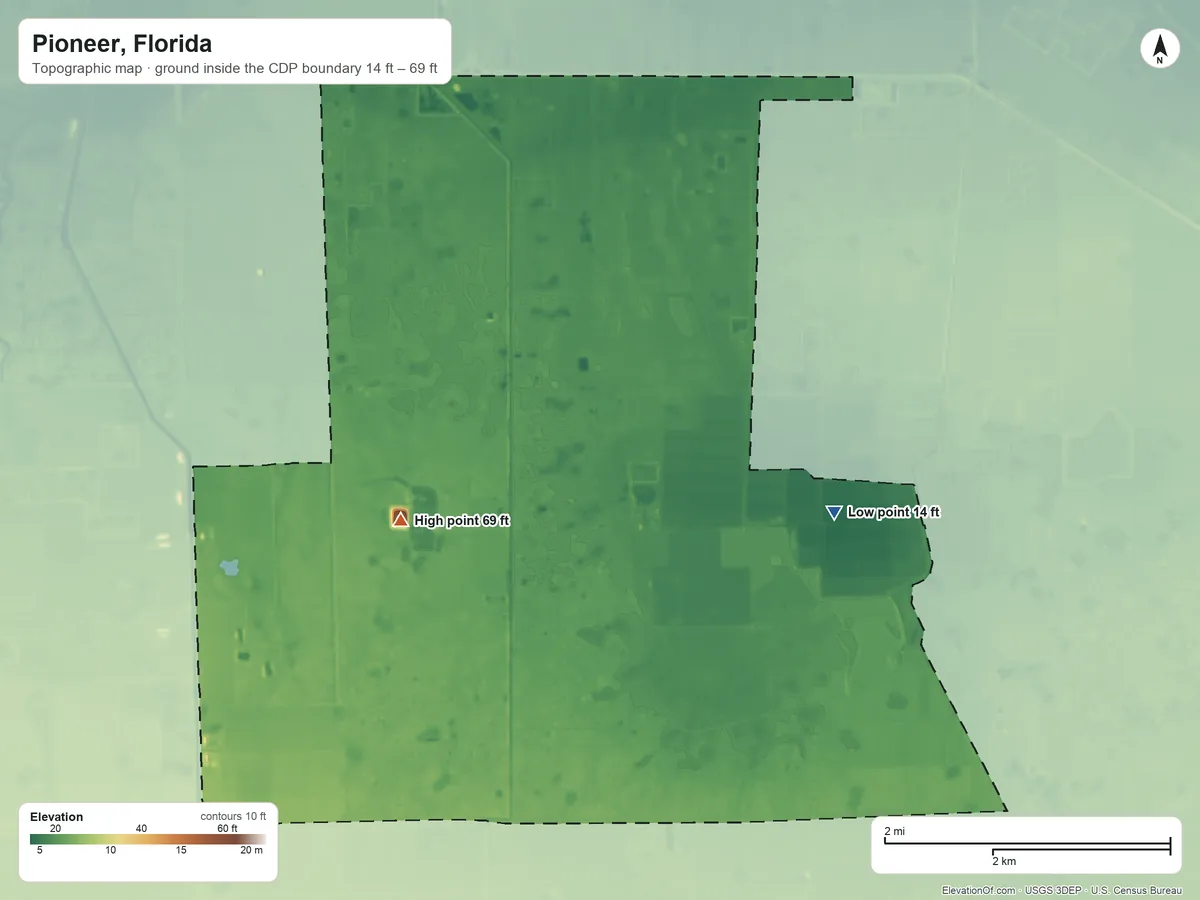 Topographic elevation map of Pioneer, Florida, shaded from 14 ft on the east side to 69 ft on the west side