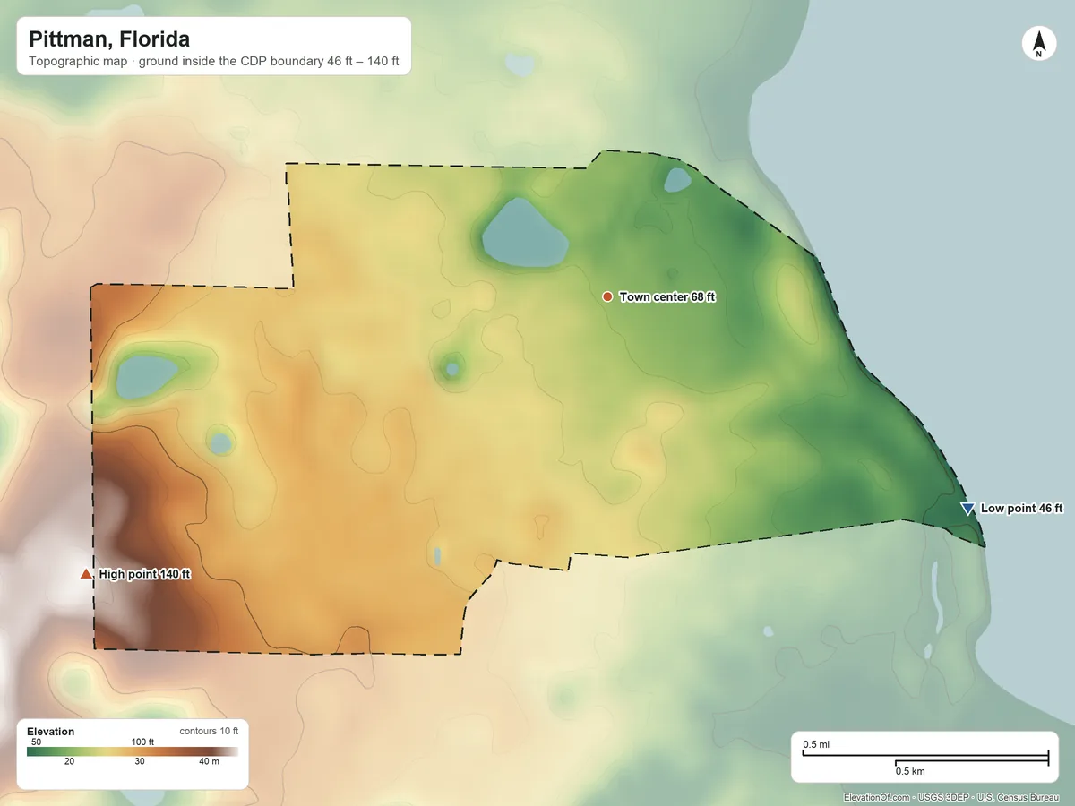 Topographic elevation map of Pittman, Florida, shaded from 46 ft on the southeast side to 140 ft on the southwest side
