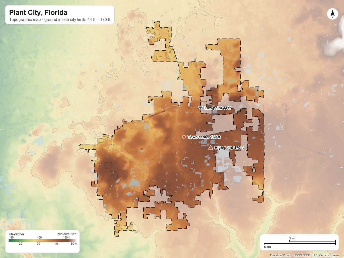 Topographic elevation map of Plant City, Florida, shaded from 44 ft on the northeast side to 170 ft on the east side