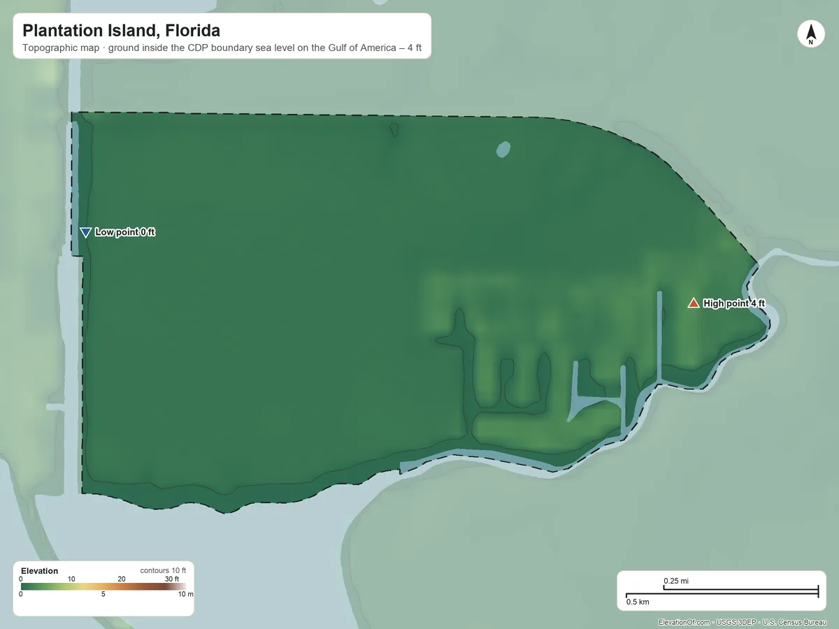 Topographic elevation map of Plantation Island, Florida, shaded from sea level level on the Gulf of America to 4 ft on the northeast side
