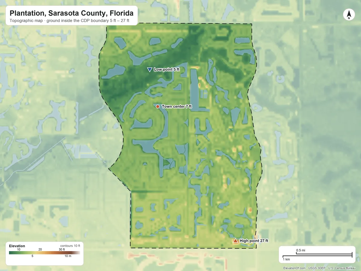 Topographic elevation map of Plantation, Sarasota County, Florida, shaded from 5 ft on the north side to 27 ft on the southeast side