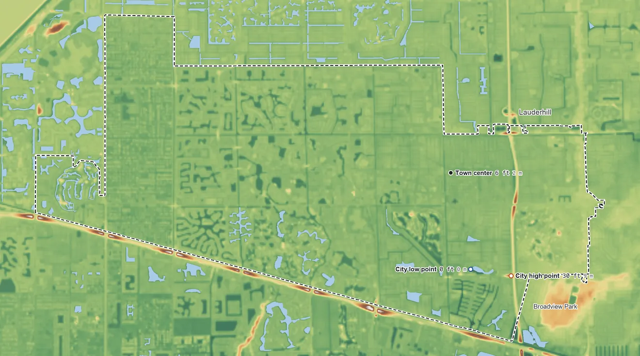 Topographic elevation map of Plantation, Florida, shaded from 0 ft on the south side to 30 ft on the southeast side