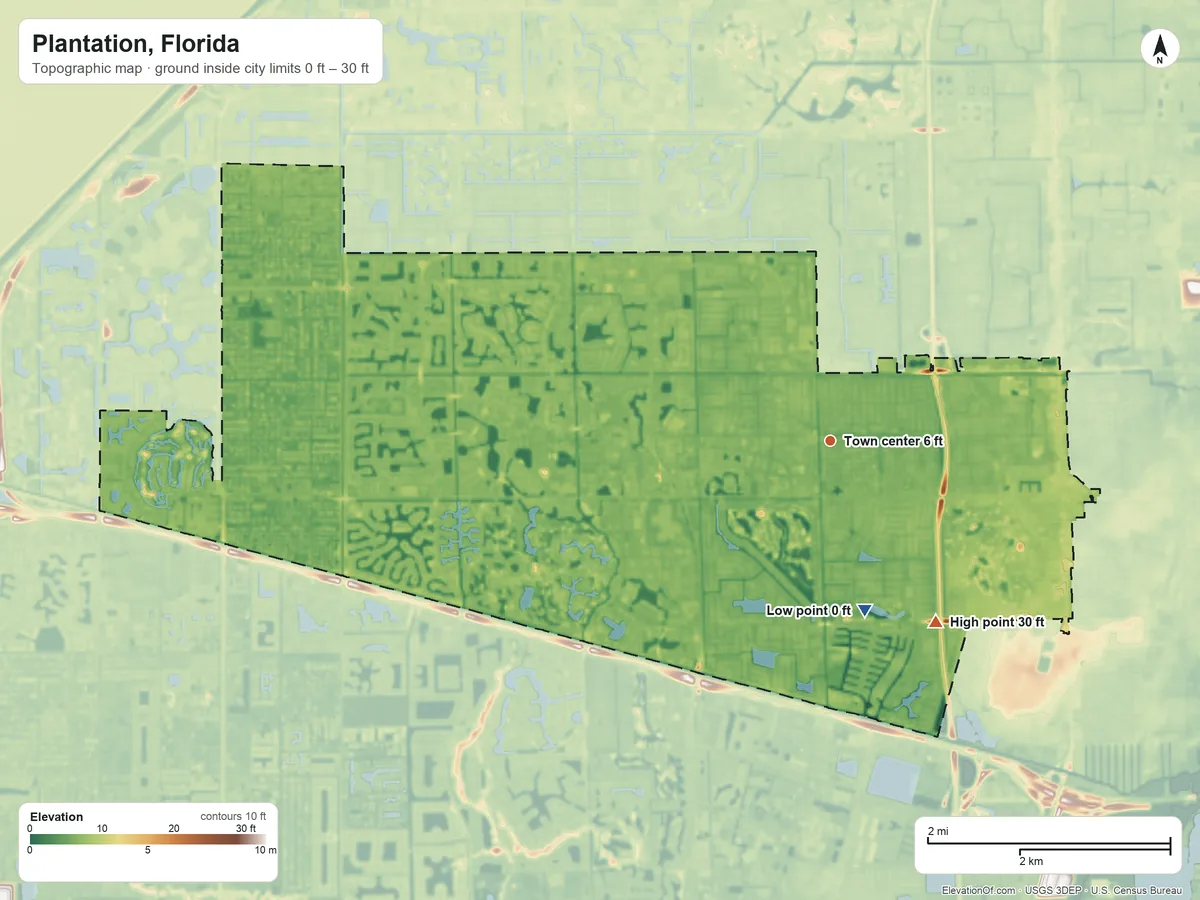 Topographic elevation map of Plantation, Florida, shaded from 0 ft on the south side to 30 ft on the southeast side