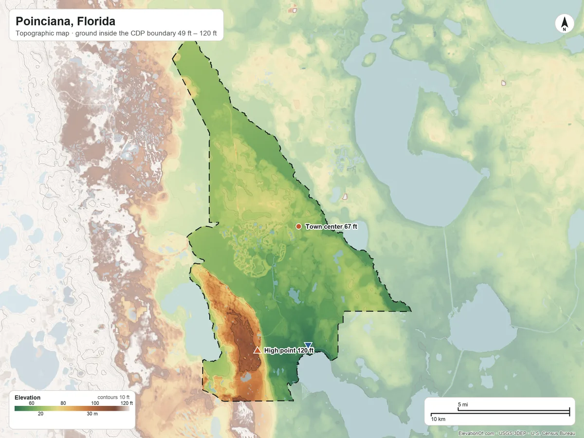 Topographic elevation map of Poinciana, Florida, shaded from 49 ft on the south side to 120 ft on the south side