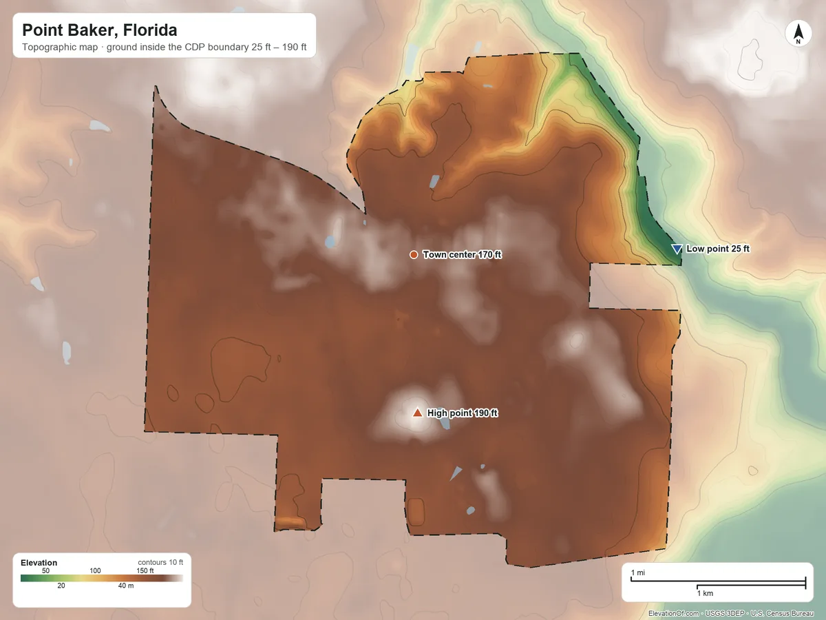 Topographic elevation map of Point Baker, Florida, shaded from 25 ft on the east side to 190 ft on the south side