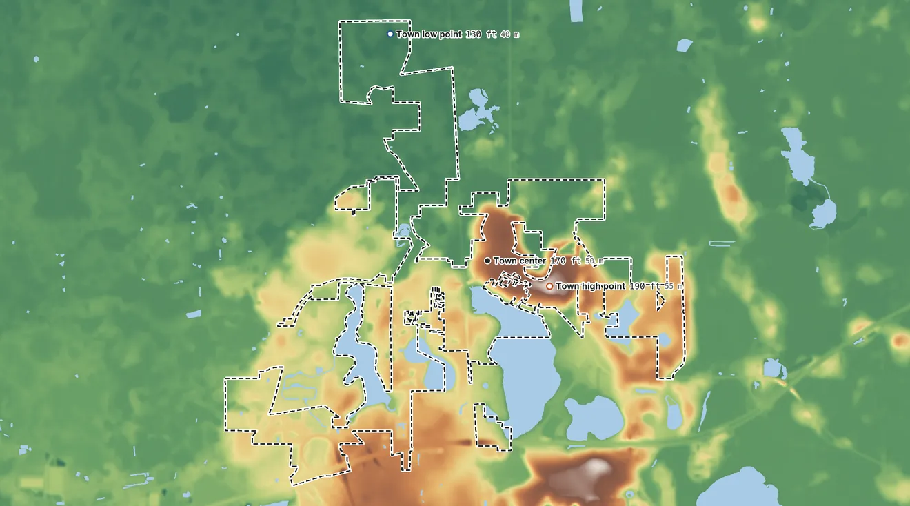 Topographic elevation map of Polk City, Florida, shaded from 130 ft on the northwest side to 190 ft on the east side