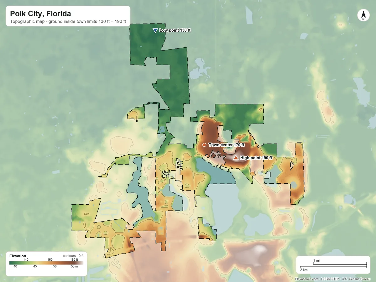 Topographic elevation map of Polk City, Florida, shaded from 130 ft on the northwest side to 190 ft on the east side