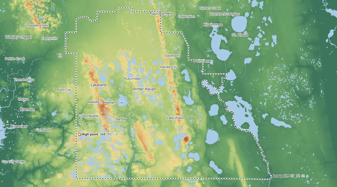 Topographic elevation map of Polk County, Florida, shaded from 37 ft on the southeast side to 360 ft on the southwest side