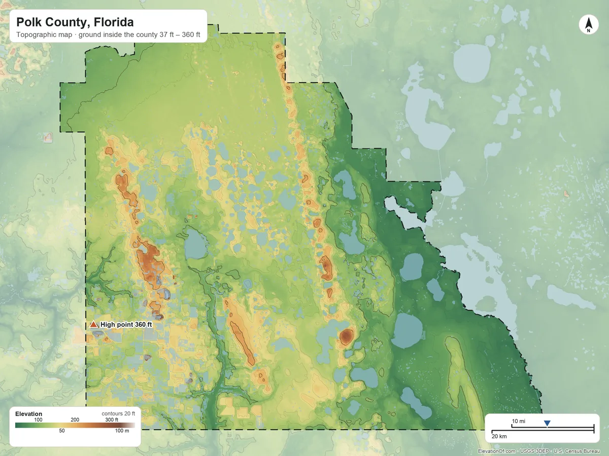 Topographic elevation map of Polk County, Florida, shaded from 37 ft on the southeast side to 360 ft on the southwest side