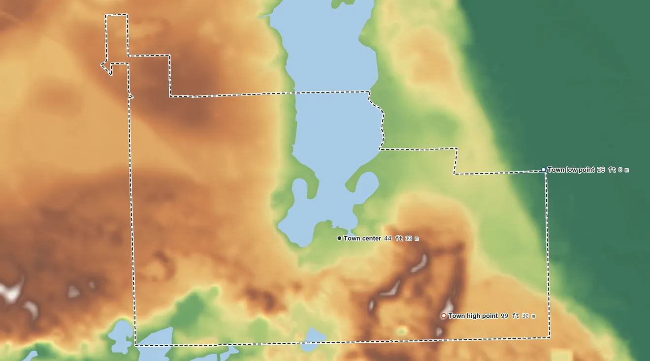 Topographic elevation map of Pomona Park, Florida, shaded from 26 ft on the east side to 99 ft on the southeast side