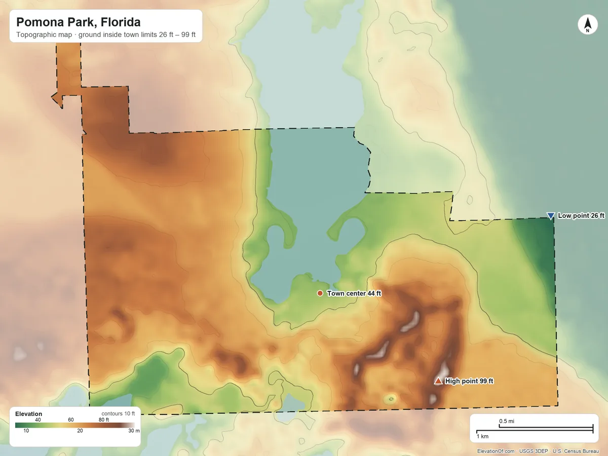 Topographic elevation map of Pomona Park, Florida, shaded from 26 ft on the east side to 99 ft on the southeast side