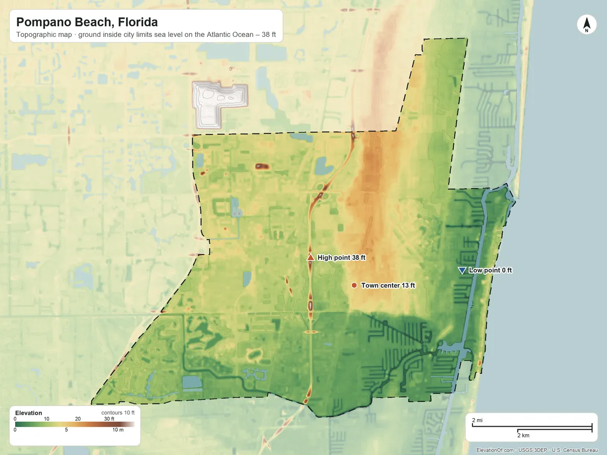 Topographic elevation map of Pompano Beach, Florida, shaded from sea level level on the Atlantic Ocean to 38 ft near the middle