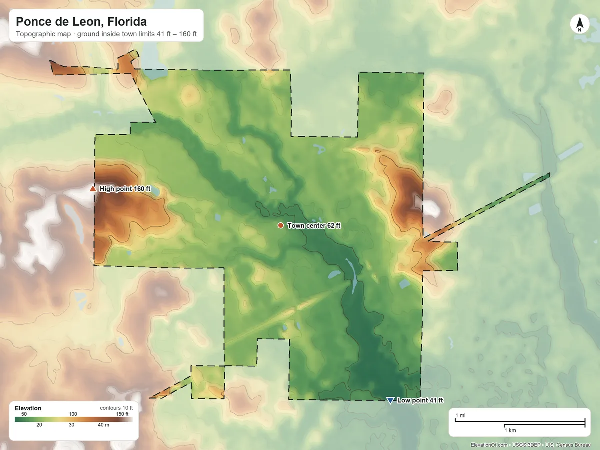 Topographic elevation map of Ponce de Leon, Florida, shaded from 41 ft on the southeast side to 160 ft on the west edge, below higher ground just outside