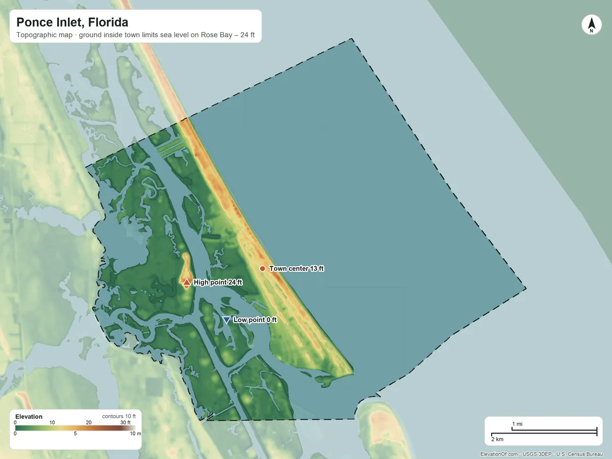 Topographic elevation map of Ponce Inlet, Florida, shaded from sea level level on Rose Bay to 24 ft on the west side