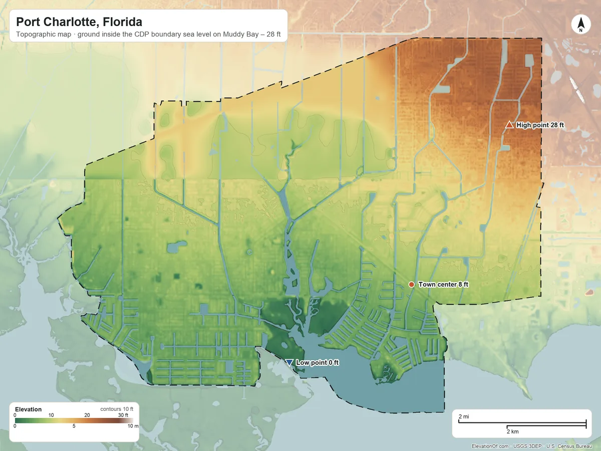 Topographic elevation map of Port Charlotte, Florida, shaded from sea level level on Muddy Bay to 28 ft on the northeast side