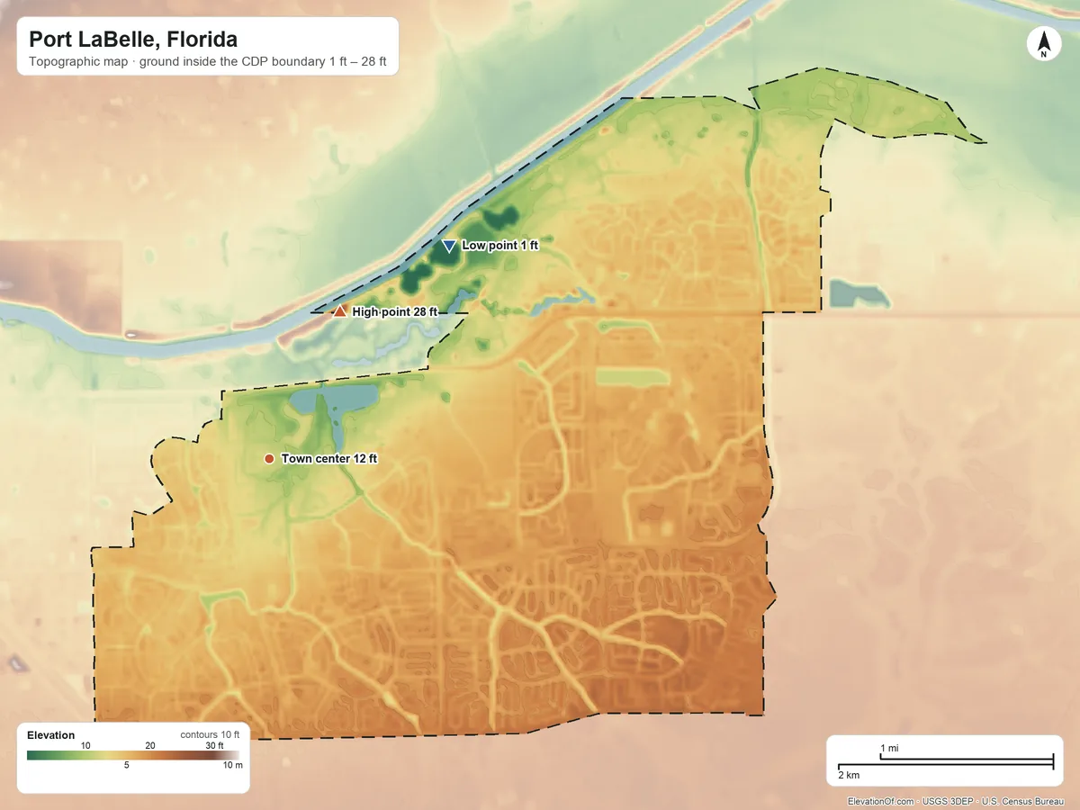 Topographic elevation map of Port LaBelle, Florida, shaded from 1 ft on the northeast side to 28 ft on the northeast side