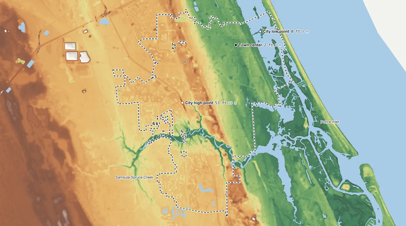 Topographic elevation map of Port Orange, Florida, shaded from sea level level on the Atlantic Ocean to 53 ft on the southwest side