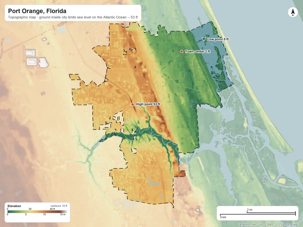 Topographic elevation map of Port Orange, Florida, shaded from sea level level on the Atlantic Ocean to 53 ft on the southwest side