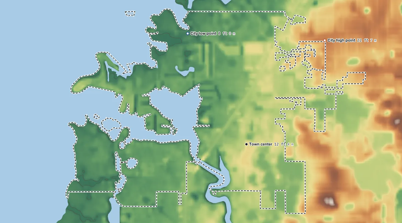 Topographic elevation map of Port Richey, Florida, shaded from sea level level on the Gulf of America to 22 ft on the northeast side