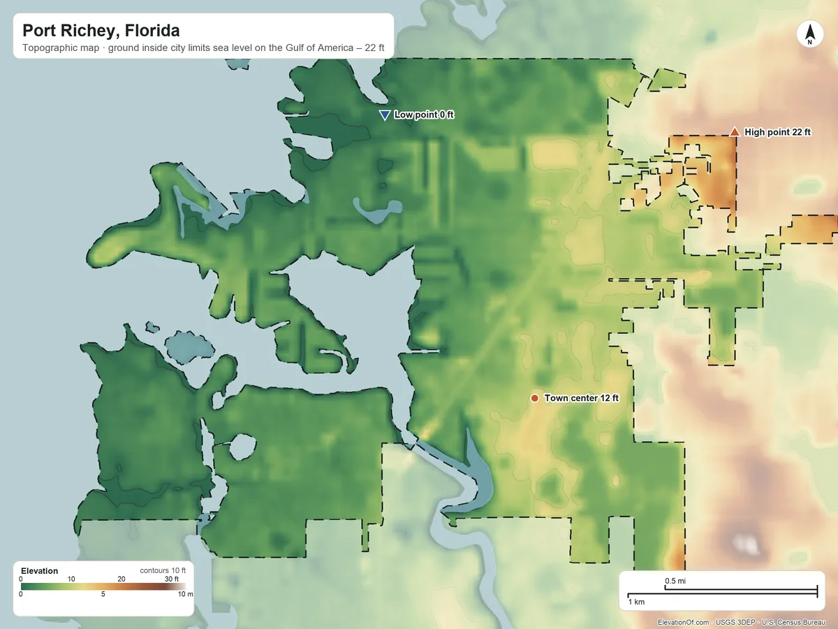 Topographic elevation map of Port Richey, Florida, shaded from sea level level on the Gulf of America to 22 ft on the northeast side