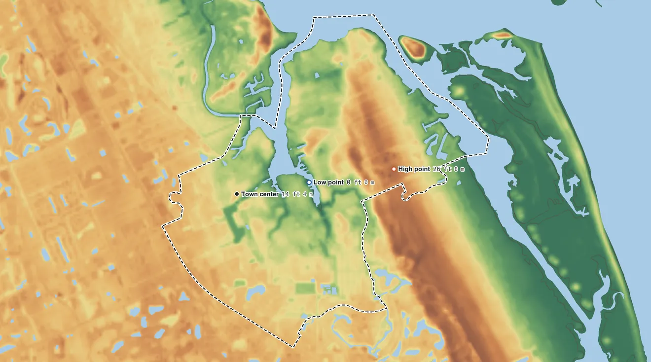 Topographic elevation map of Port Salerno, Florida, shaded from 0 ft on the east side to 26 ft on the east side