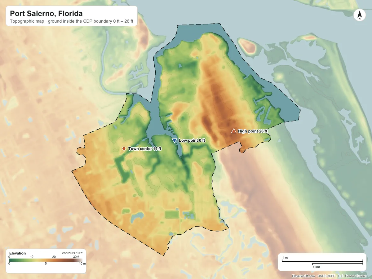 Topographic elevation map of Port Salerno, Florida, shaded from 0 ft on the east side to 26 ft on the east side