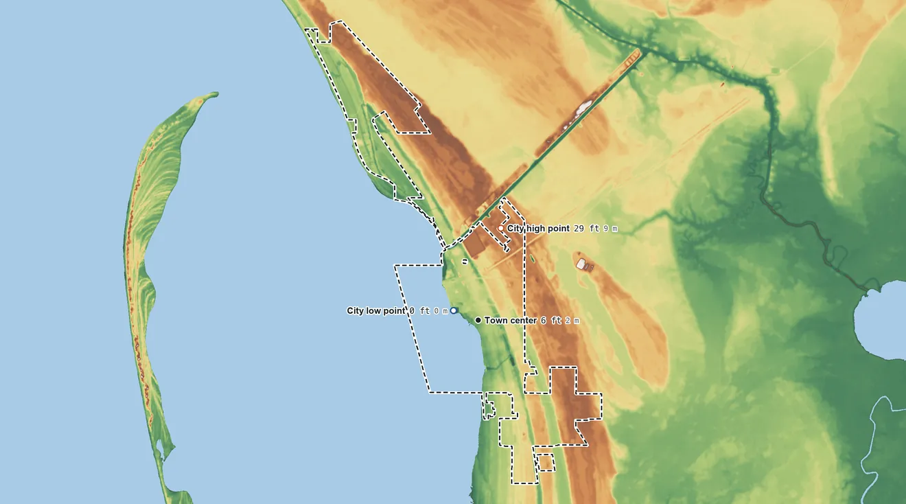 Topographic elevation map of Port St. Joe, Florida, shaded from sea level level on St. Joseph Bay to 29 ft on the north side