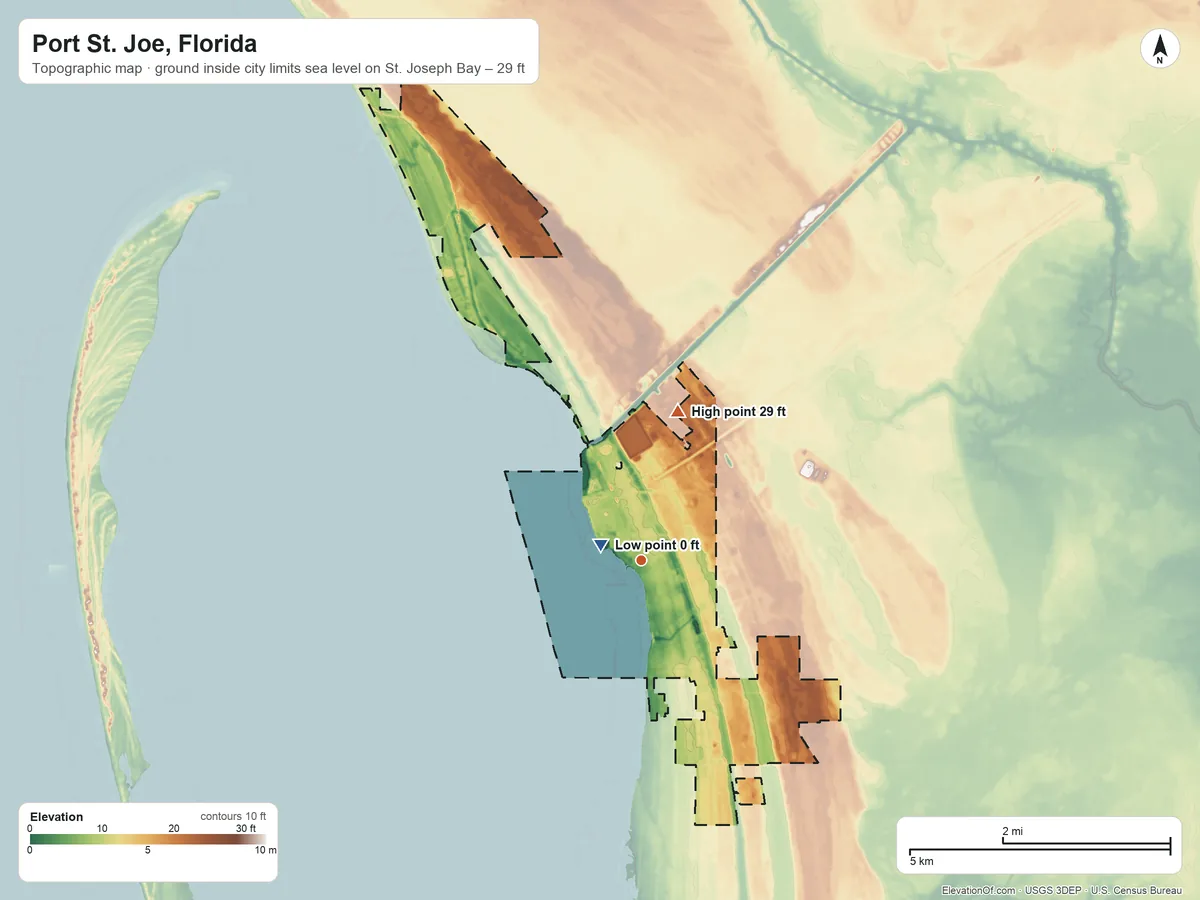 Topographic elevation map of Port St. Joe, Florida, shaded from sea level level on St. Joseph Bay to 29 ft on the north side