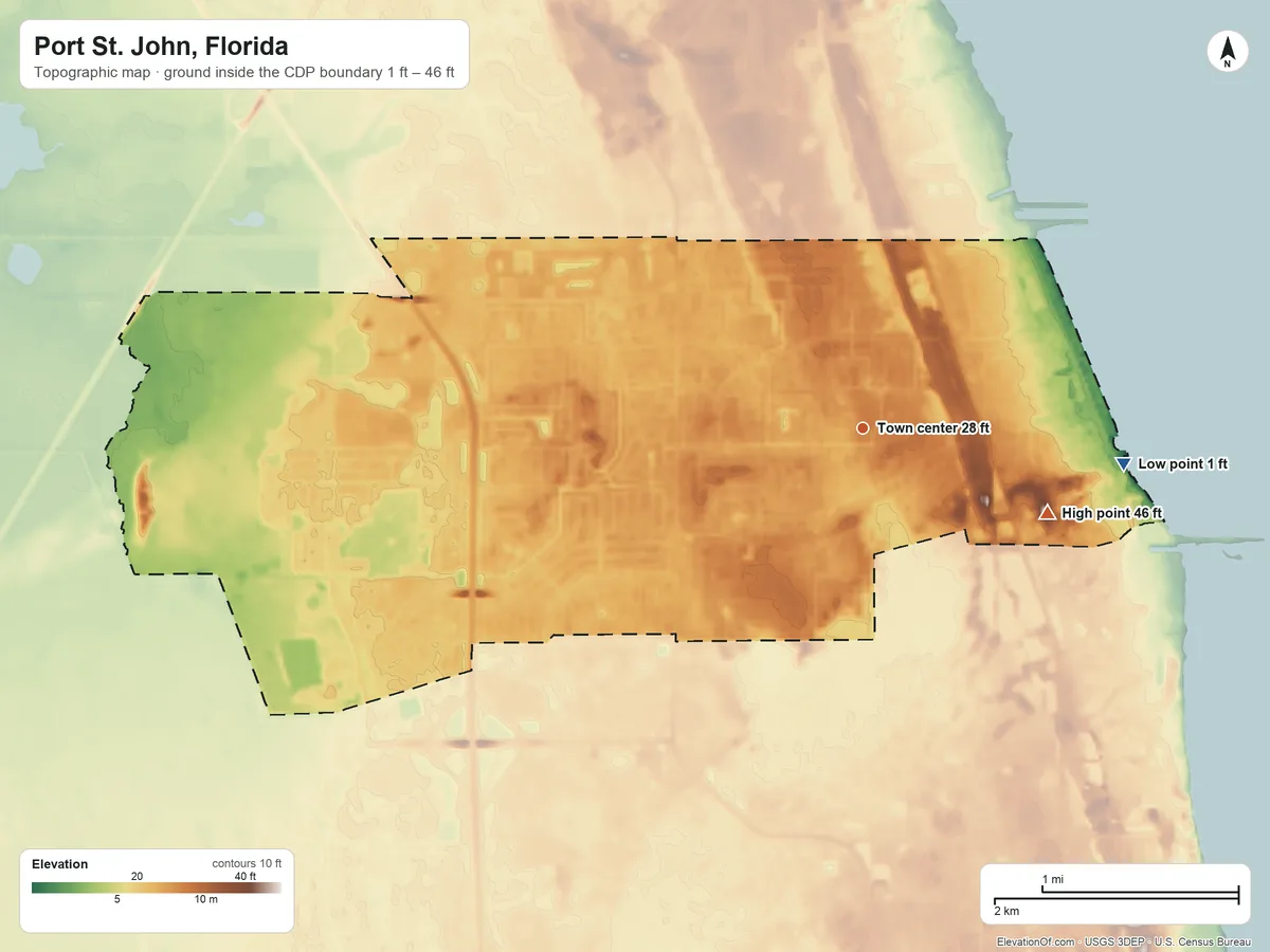 Topographic elevation map of Port St. John, Florida, shaded from 1 ft on the east side to 46 ft on the southeast side