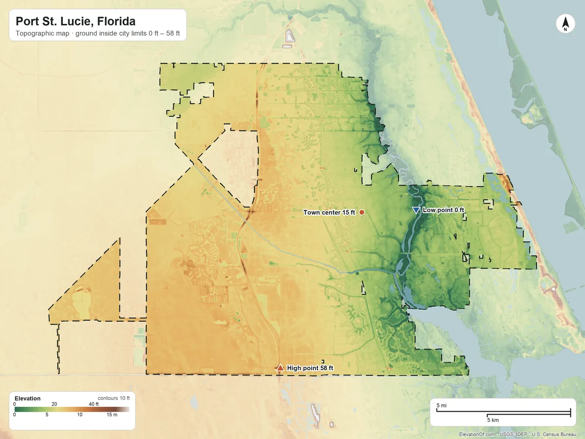Topographic elevation map of Port St. Lucie, Florida, shaded from 0 ft near the middle to 58 ft on the southwest side