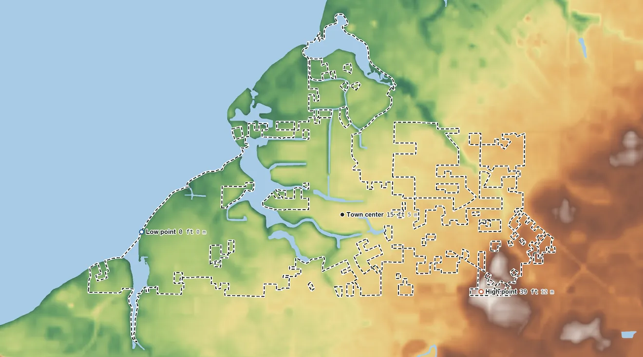 Topographic elevation map of Pretty Bayou, Florida, shaded from sea level level on North Bay to 39 ft on the southeast side