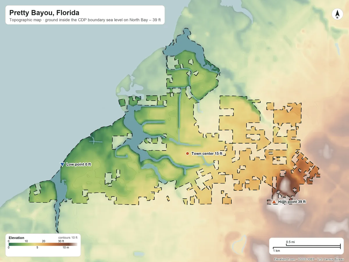 Topographic elevation map of Pretty Bayou, Florida, shaded from sea level level on North Bay to 39 ft on the southeast side